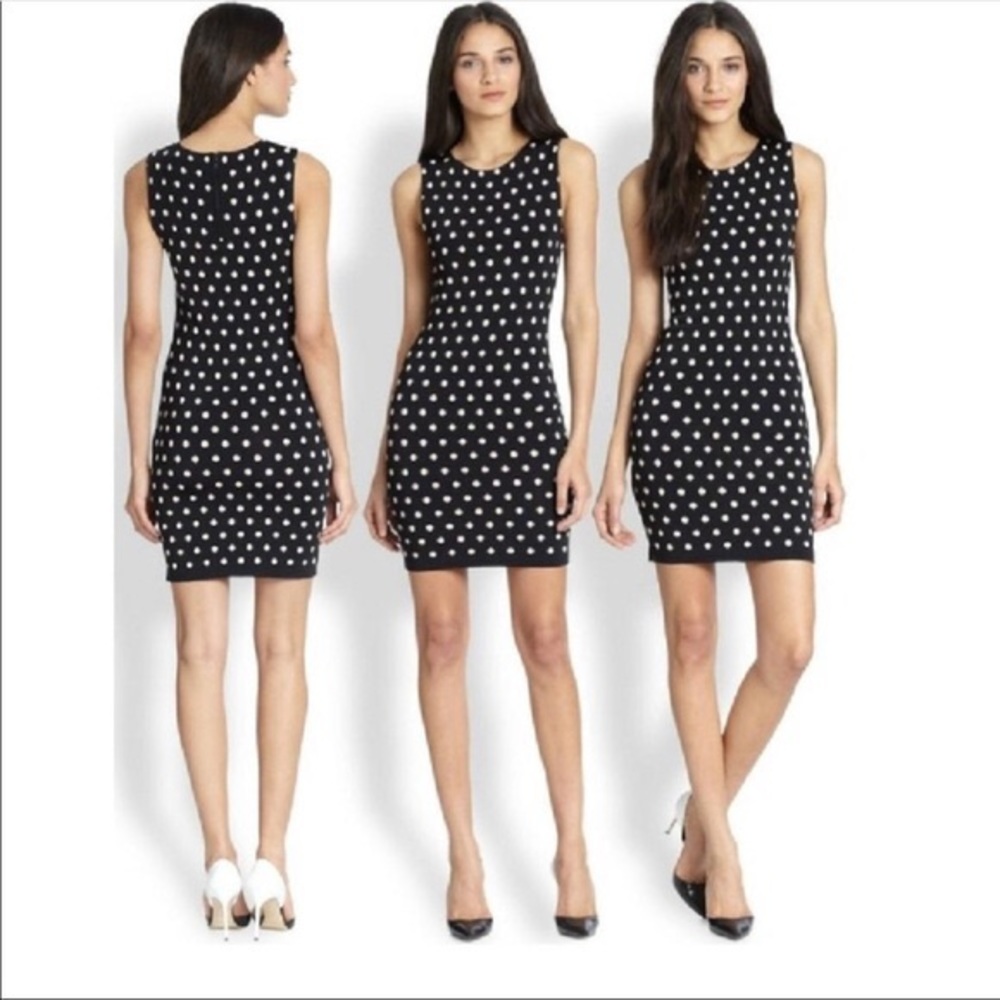 Alice & Olivia polka dot bodycon knit dress black cream sleeveless